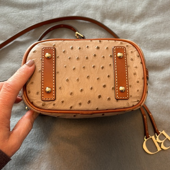 Dooney & Bourke bucket purse. Color~tan & camel ostrich leather. Pics for size. - Picture 3 of 16